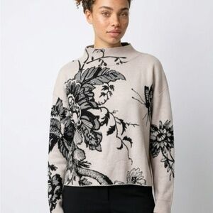 Anthropologie Maeve Beige Turtleneck Sweater with Black Floral Jacquard